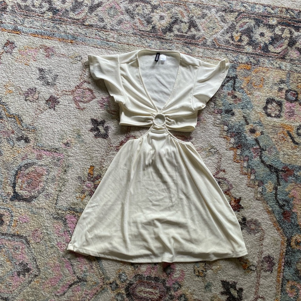 H&M Cream Midi Sundress with Plunge Neckline and Butterfly Sleeves
